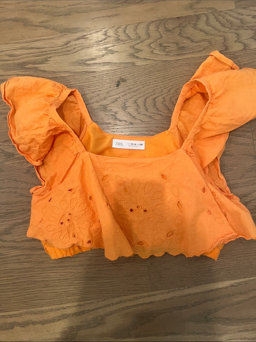 Zara Bright Orange Eyelet Ruffle Crop Top